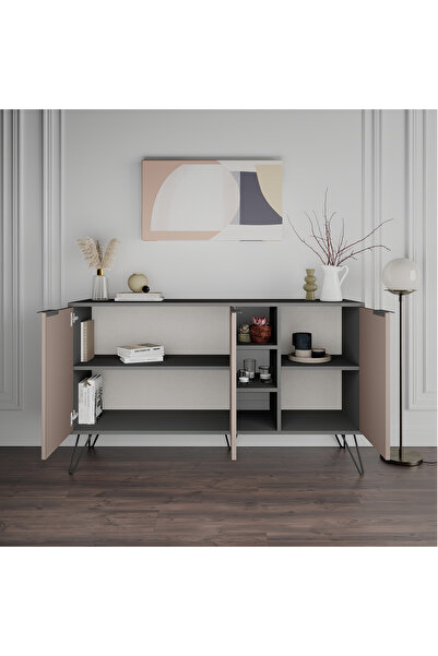 Mourah Home Clara Console – Modern 3-Door Sideboard with Elevated Legs, Open Storage for Living, Dining, Kitchen