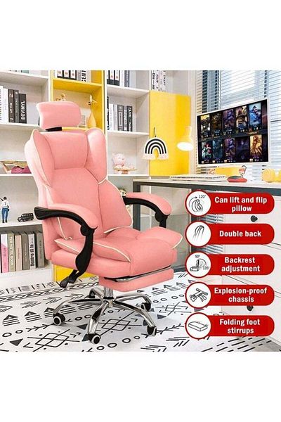 COOYA Leather Computer Office Desk Chair, With Silent Wheels, Adjustable headrest, Pu, for Home, Pink