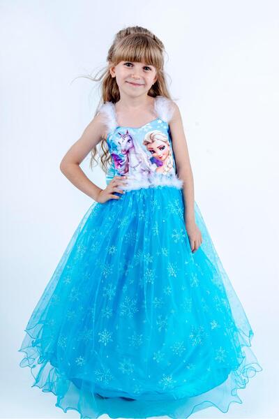 Buse&Eylül Bebe Blue Long Pulley Girl's Party Dress