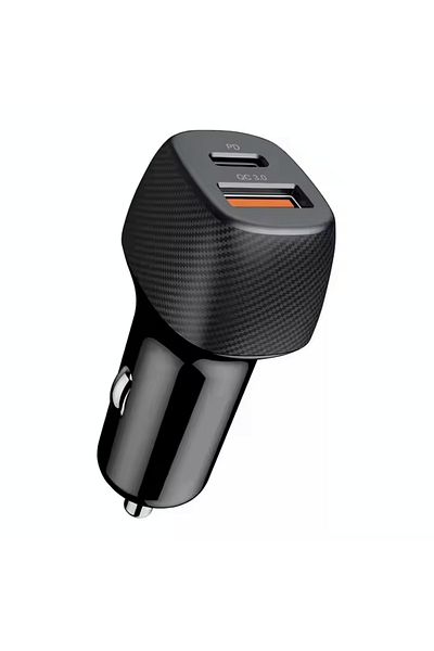 MOOGMAX 48W car charger with a Type-C PD port that supports fast charging and a QC3.0 USB port – stylish design