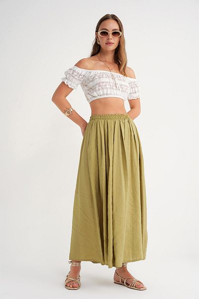 Mixray 4612 Women's Side Pocket Pleated Loose Skirt Olive