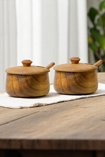 Mirilliahome Set of 2 Natural Acacia Wood Spice Rack with Spoon – Wooden Spice Rack with Lid