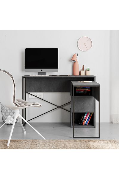 Mourah Home Badau L-Shaped Rotating Desk with Storage, Bookshelf & Shelves – Modern Industrial Work Table