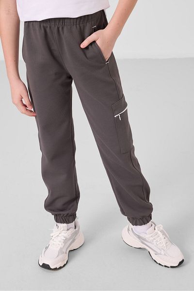 TOMMY LIFE White-Dark Gray O Neck Printed Elastic Leg Cargo Pocket Girls Tracksuit Set - 75173
