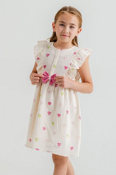 Cansın Mini Fuchsia Heart Printed Bow Detailed Muslin Girl's Dress 21082