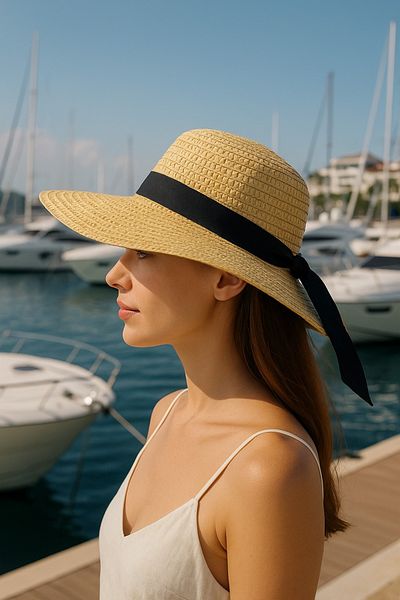 LAGRANZE Women's Ribbon Detailed Hand Knitted Straw Hat Summer Wide Brim Beach Hat