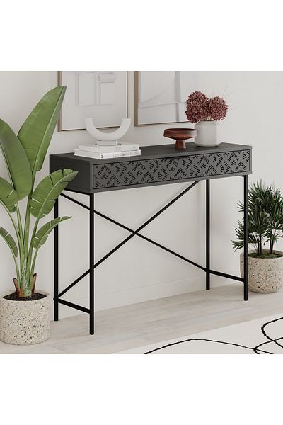 Mourah Home Heaton Console Remastered - Decorative Drawer, Slim Black Metal Frame, Modern Entryway Storage