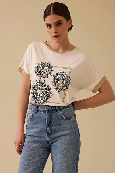 SEÇİL Seçil Women's Printed Short Sleeve T-Shirt 0011 Ecru