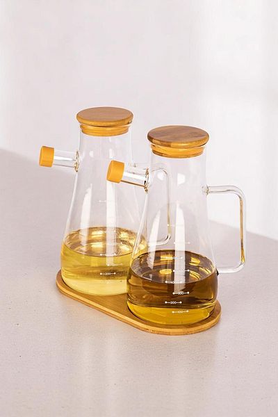 Mirilliahome Set of 2 Glass Oil Pots with Bamboo Lid and Base – Borosilicate Glass Oil Pot and Vinegar Set