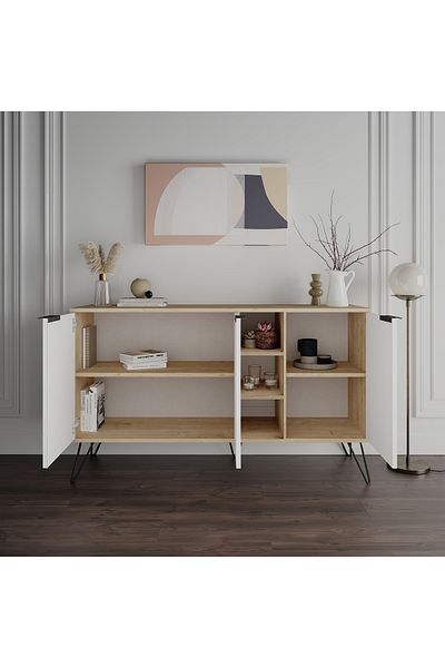 Mourah Home Clara Console – Modern 3-Door Sideboard with Elevated Legs, Open Storage for Living, Dining, Kitchen