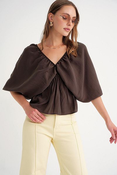 Mixray 4703 Women's V-Neck Elastic Modal Blouse Brown