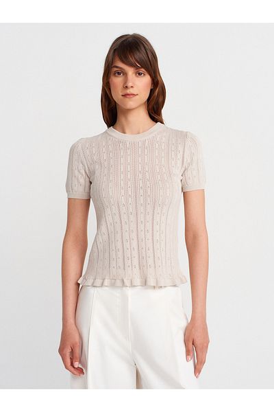 Dilvin 10762 Crew Neck Openwork Ruffled Blouse-Stone