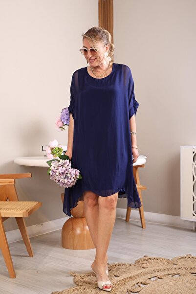 MİSLİNA BUTİK Imported Silk Back Tie Detail Navy Blue Dress
