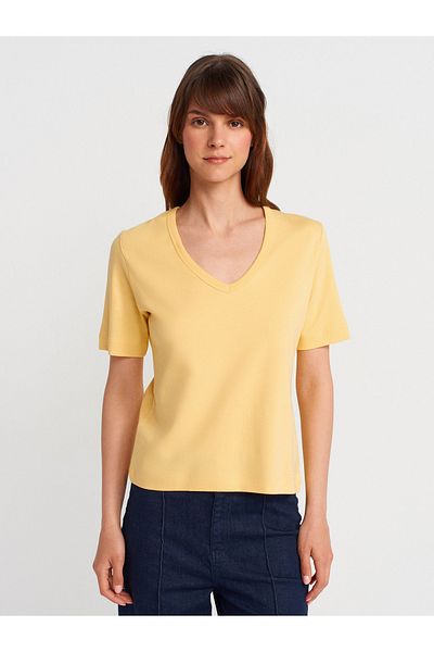 Dilvin 31840 V-Neck Short Sleeve T-Shirt-Yellow