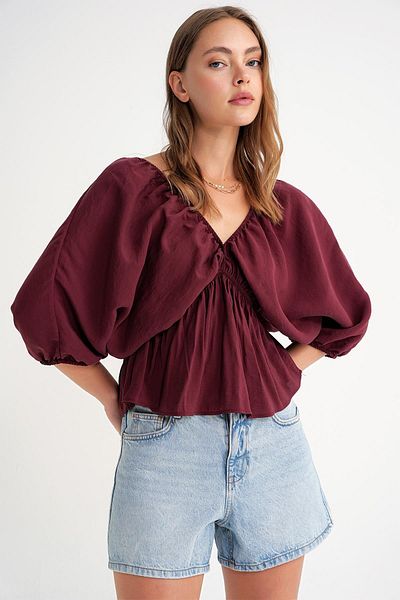 Mixray 4703 Women's V-Neck Elastic Modal Blouse Claret Red