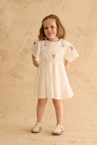 Fahhar Kids Flounced Embroidered Cotton Dress Ecru