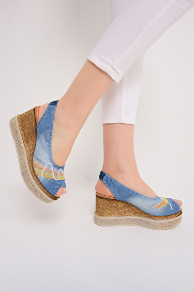 Butik Jeanolog Jeans Sandals Slip-On Straw Patterned Sole Embroidery Detail L...
