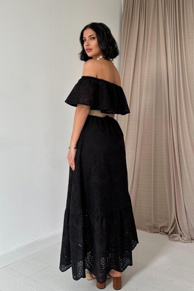 buğrahayalin Black Shoulder Elastic Brode Dress