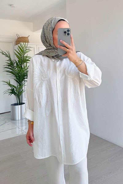 Ka Hijab Cămașă Doha cu paiete - albă