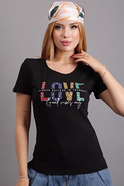 RICH GLAM Love Printed Crystal Stone Slim Fit Κομψό γυναικείο κοντομάνικο μαύ...