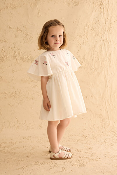 Fahhar Kids Volanlı Nakışlı Pamuk Elbise Ekru