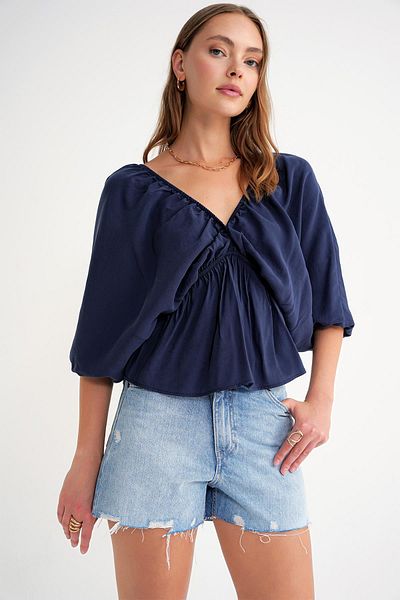 Mixray 4703 Women's V-Neck Elastic Modal Blouse Navy Blue