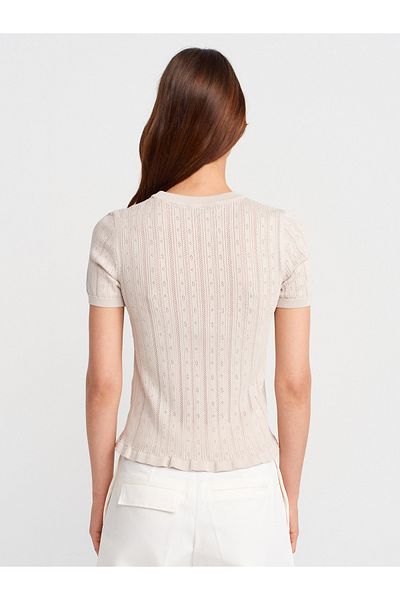 Dilvin 10762 Crew Neck Openwork Ruffled Blouse-Stone