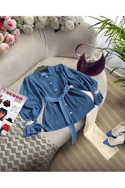 zümrüt moda Sleeve Stone Detailed Jacket and Pants, Double Denim Suit 1796
