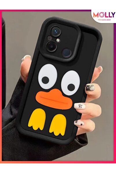 Molly Xiaomi Redmi 12C İçin Siyah Kenarları Kalın 3d Kabartmalı Cute Duck Sil...