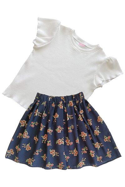 MODA59 Girl's Skirt Suit, Skirt T-Shirt Suit, Floral Skirt Twill Ecru T-Shirt