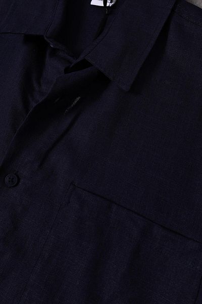 Slatra Ανδρικό πουκάμισο με κοντό μανίκι Navy Blue 100% λινό ύφασμα