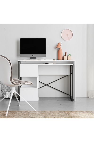 Mourah Home Badau L-Shaped Rotating Desk with Storage, Bookshelf & Shelves – Modern Industrial Work Table