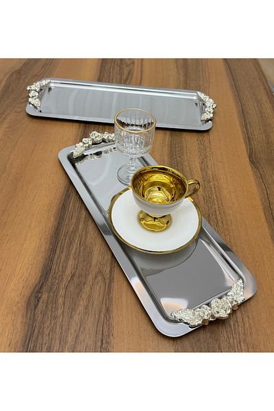 SEVA ÇELİK 2 Rectangular Silver Handle Steel Service and Presentation Tray Luxury