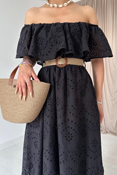 buğrahayalin Black Shoulder Elastic Brode Dress