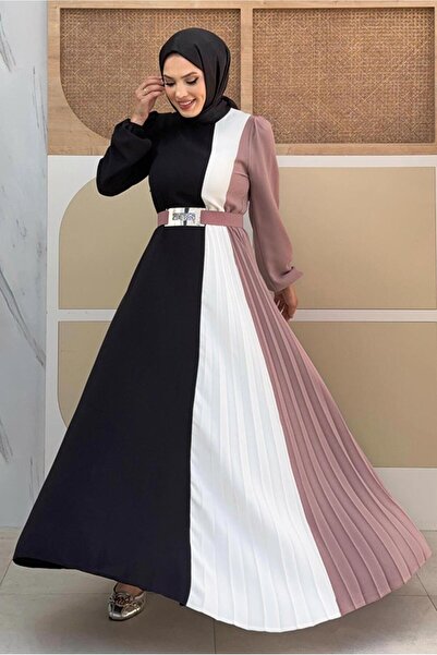 TRENDTESETTÜR KADIN PUDRA T 2263 BYM- ÜÇ RENKLİ PİLİSELİ ELBİSE