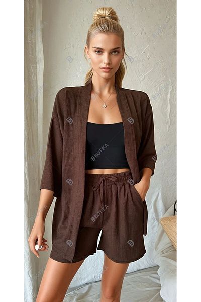 LEONE KOLEKSİYON Women's Brown Kimono Shirt Shorts Top and Bottom Set