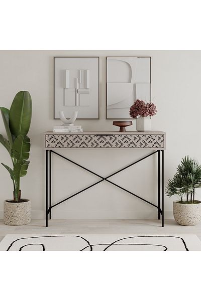 Mourah Home Heaton Console Remastered - Decorative Drawer, Slim Black Metal Frame, Modern Entryway Storage