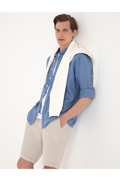 Pierre Cardin Mavi %100 Keten Regular Fit Uzunkollu Gömlek 50303293-VR036