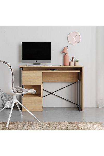 Mourah Home Badau L-Shaped Rotating Desk with Storage, Bookshelf & Shelves – Modern Industrial Work Table