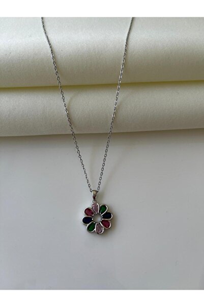 Nilsu Jewellery Accessory Çelik Renkli Taşlı Çiçek Detaylı Kadın Kolye