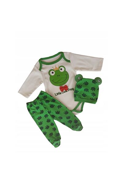 unbranded Complete set of children's clothes, consisting of bodysuit, pants and hat - frog pattern, size 68
