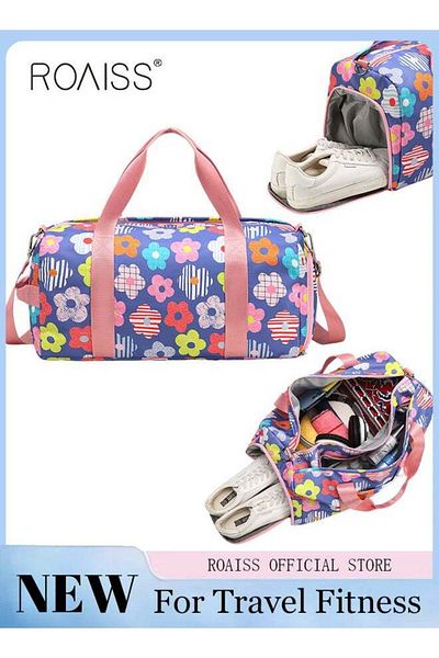ROAISS New Trend Travel Duffel Bag Floral Pattern Sports Gym Tote Bag Shoulder Crossbody Overnight Bag for