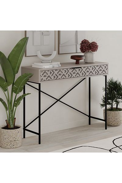 Mourah Home Heaton Console Remastered - Decorative Drawer, Slim Black Metal Frame, Modern Entryway Storage