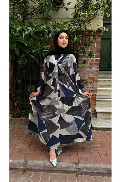 PREMİER VİE Φόρεμα με μοτίβο Hijab New Season Γκρι Navy Blue Χρώμα βισκόζης
