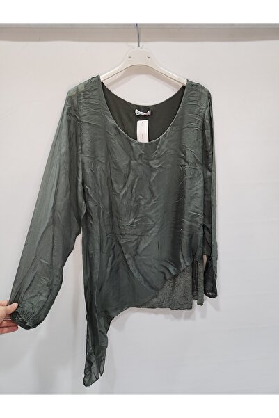 della moor Khaki Italian Asymmetrical Cut Hem Sequin Silk Blended Blouse