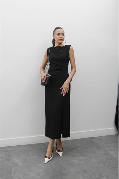 maf collection Women's Black Midi Length Padded and Slit Detail Evening Dress Graduation Dress