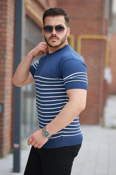MODAVERA Men's Line Patterned Crew Neck Short Sleeve T-Shirt