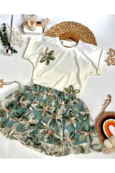 TAYFUN Barbosa Lily Detailed Crew Neck Short Sleeve Tshirt and Skirt for Eid, Special Day Suit
