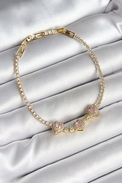 Clariss Brass Row Pink Heart Figured Zircon Stone Gold Color Women's Bracelet