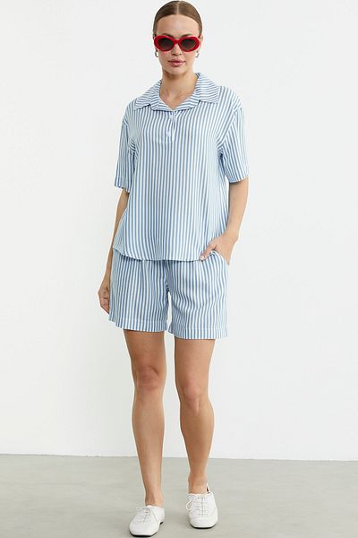 Sementa Double Combed Cotton Suit with Striped Shorts - Blue